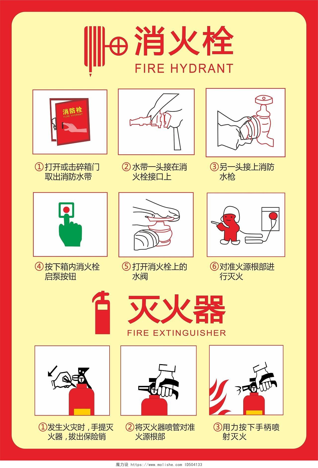 红黄色简约消防消火栓灭火器海报背景消防栓灭火器使用方法